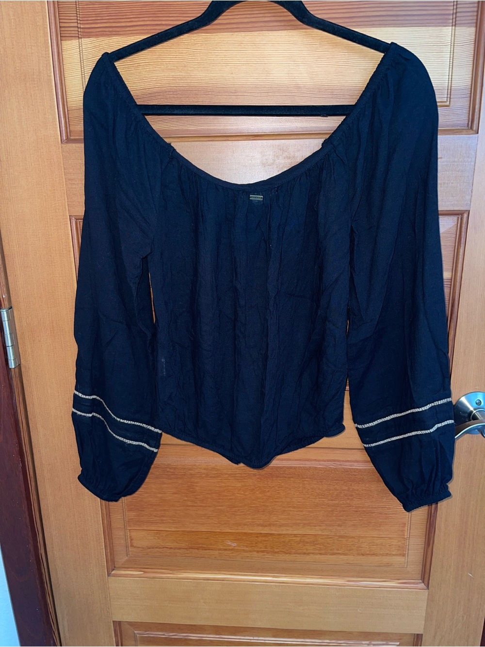 O'Neill Black Scoop-Neck Peasant Blouse with Embroidered Cuffs